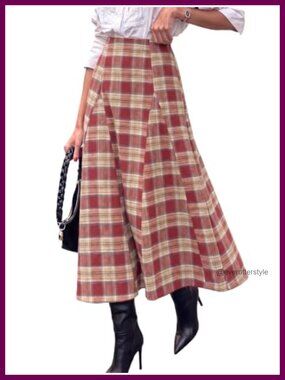 Flannel Plaid High Waist A-Line Maxi Skirt Pockets Fall Winter
